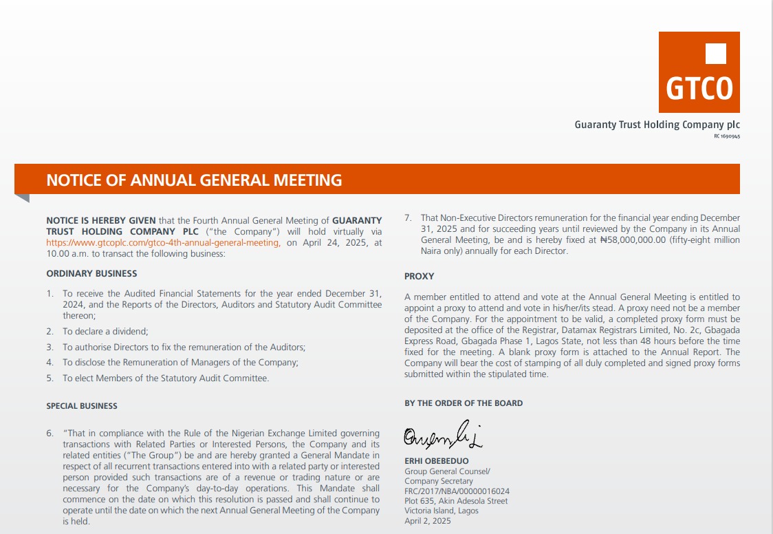 GTCO: NOTICE OF ANNUAL GENERAL MEETING